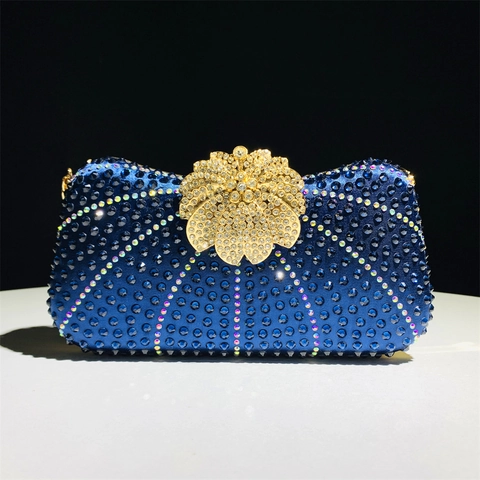 Rhinestone Evening Clutch Bag Women Luxury Shell Handbag With Sparkling Flower Clasp And Metal Chain Strap Formal Party Bag