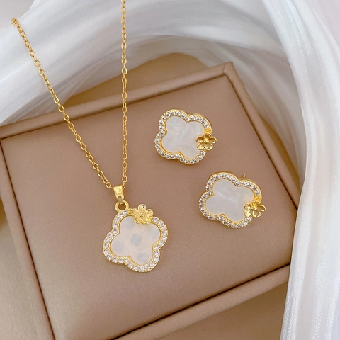 Clover Necklace And Earrings Jewelry Set Gold Plated Shell Inlay With Zircon Accents And Silver Earring Post For Women