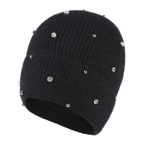 Women Winter Warm Knit Beanie Acrylic Hat Rhinestone Bead Decor Fleece Lined Thermal Outdoor Skiing Headwear For Lady