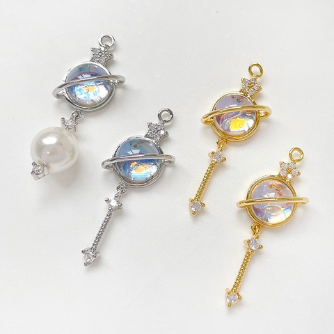 Breloques Pendentif Planète Saturne Cuivre Plaqué Or 14K Avec Pierre Oeil De Chat Zircon Pour Fabrication De Bijoux DIY
