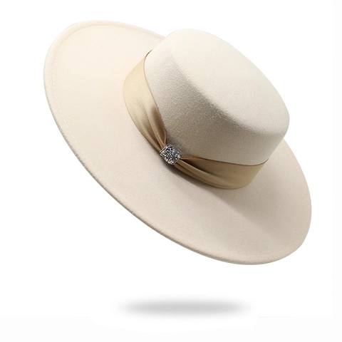 Retro Boater Hat For Women Cotton Polyester Felt Wide Brim Flat Top Elegant Vintage With Satin Ribbon Rhinestone Buckle