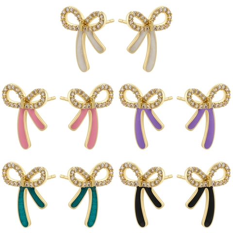 Elegant Bowknot Stud Earrings Brass Zircon Enamel Colorful Drip Oil Sweet Cute Aesthetic Jewelry For Women Girls