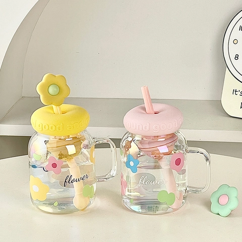 Flower Pattern Glass Cup With Handle And Lid Straw High Borosilicate Heat Resistant Desktop Drinkware