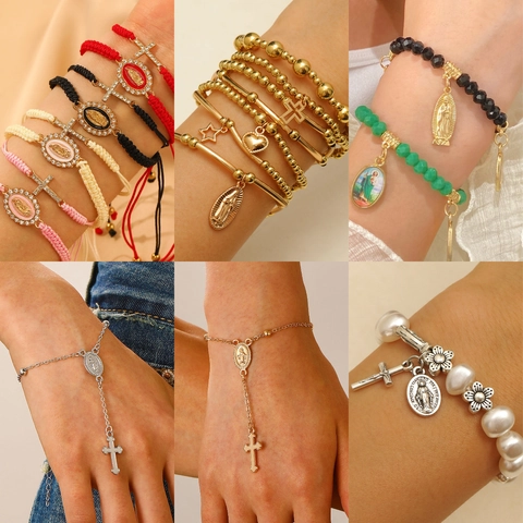 Jungfrau Maria Kreuz Religiöse Bettelarmbänder Geflochtenes Seil Kunstperle Legierung Strass Schmuck Für Damen Herren