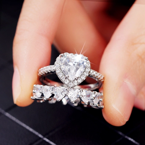 Romantic Copper Heart Shape Zirconia Ring Set For Women Elegant Double Layer Wedding Band Valentine Day Gift Jewelry