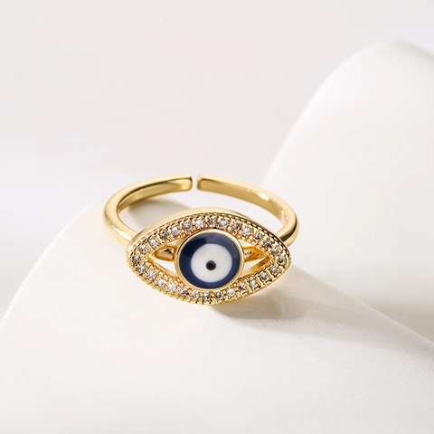 Anillo Abierto Evil Eye Cobre Chapado En Oro Ajustable Moda Geométrico Circón Esmalte Joyería De Dedo Para Mujeres