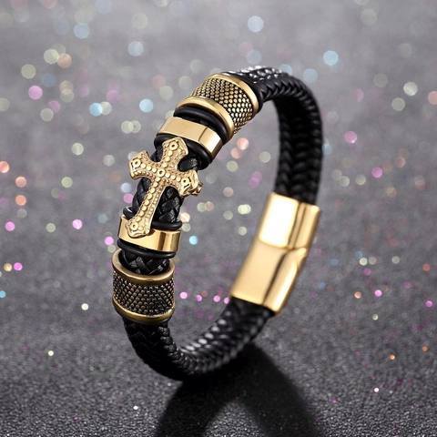 Vintage Woven Leather Alloy Cross Bracelet For Men Hip Hop Braided Jewelry With Metal Magnetic Clasp Retro Punk Wristband