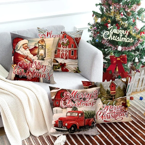 Kerst Kussenhoezen Decoratief Polyester Linnen Voor Bank Couch Feestelijke Kerstman Rode Truck Sneeuwpop Home Decor