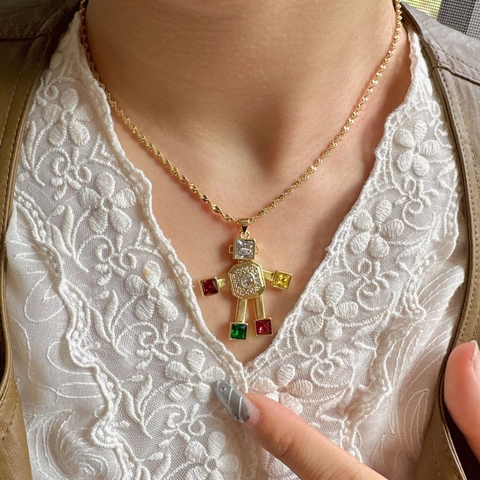 Robot Pendant Necklace Copper Colorful Zircon Inlaid Retro Cute Fashion Jewelry Accessory For Women