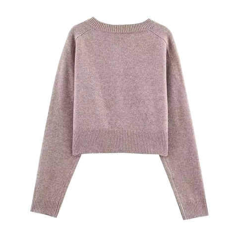 Women Round Neck Knit Cardigan Long Sleeve Button Down Ribbed Cropped Sweater Casual Solid Color Top