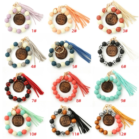 Bracelet Porte-clés à Perles pour Femmes Perles en Silicone Bois Plaque Gravée MAMA Pompon en Cuir PU Anneau de Clé Poignet