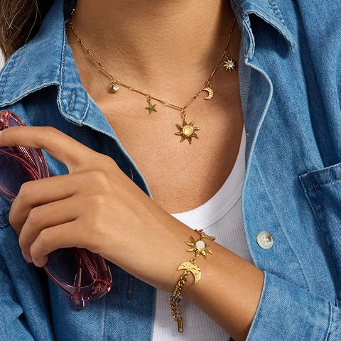 Edelstahl Sonne Mond Sterne Schmuck Vergoldet Zirkon Bunte Perlen Halskette Armband Wasserdicht Bohemia Für Damen