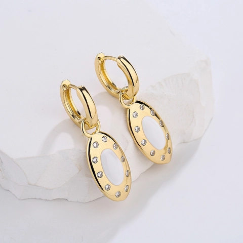 Retro Oval Anhänger Creolen Kupfer 18K Vergoldet Mikro Eingelegter Zirkon Emaille Geometrischer Schmuck Damen