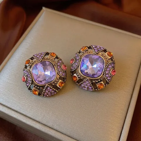 Orecchini A Bottone Quadrati Vintage Lega Strass Cristallo Artificiale Viola Barocco Retrò Lusso Donna Perno Per Orecchini In Argento