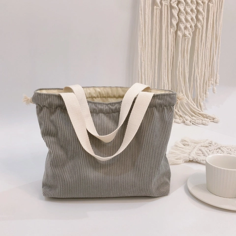 Corduroy Handbag Canvas Lining Drawstring Closure Solid Color Small Tote Lunch Bag For Women Casual