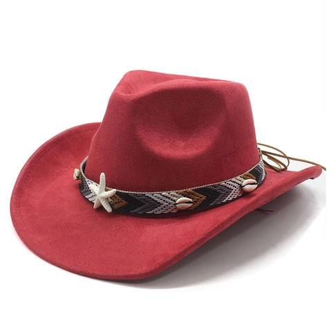 Sombrero De Vaquero Occidental Gamuza Poliéster Con Banda Tejida Étnica Decoración Estrella De Mar Concha Estilo Bohemio