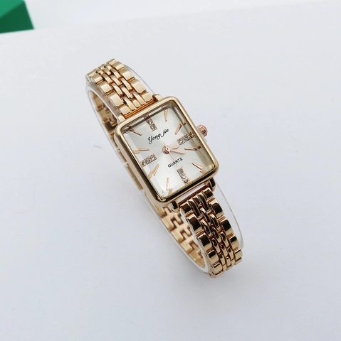 Orologio Quarzo Donna Cassa Quadrata Lega Cinturino Acciaio Inossidabile Marcatori Strass Moda Casuale Elegante Polso