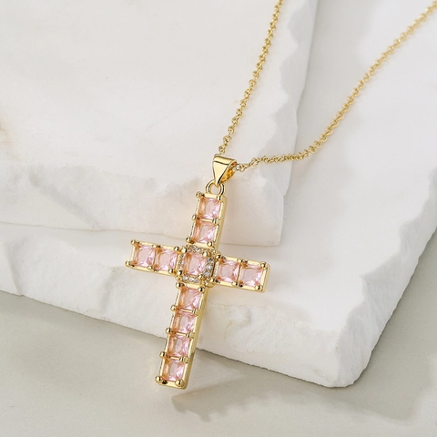 Geometric Cross Pendant Necklace Gold Plated Copper Colorful Cubic Zirconia Fashion Jewelry For Women