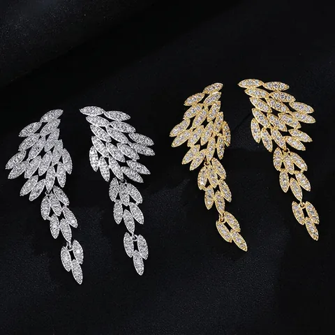 Pendientes de Gota de Lujo de Cobre y Circonia con Borla de Hoja para Mujer Joyas de Banquete Elegantes y Largas