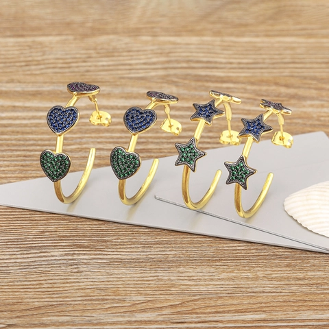 Boucles D'Oreilles Créoles En Cuivre Plqué Or 18K Pour Femmes Zircon Cubique AAA Coloré Charmes Coeur Étoile