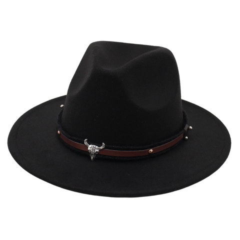 Vintage Western Cowboy Fedora Hat Wide Brim Felt Wool With Bull Skull Buckle And Rivet Leather Band Jazz Cap Unisex