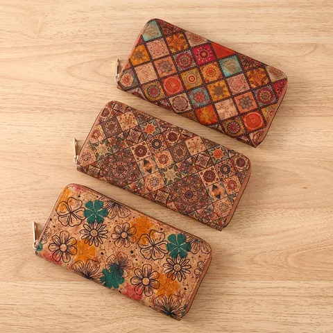 Bohemian Mandala Floral Printed Cork Texture Women Wallet Zipper Clutch Card Holder Multi Slot Vintage Style