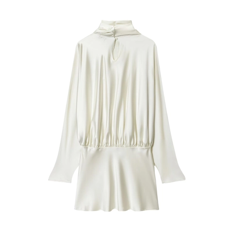 Vestito Mini Elegante Donna In Raso Di Acetato Setoso Con Sciarpa Fiocco Collo Alto Maniche Lunghe Cerniera Party Cocktail Chic