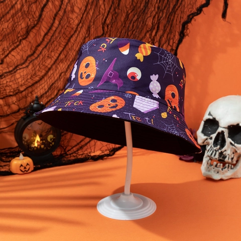 Cappello da Pescatore Stampa Zucca Teschio Fantasma Halloween Reversibile Doppio Lato Cappello da Sole per Uomo Donna Festa Carnevale