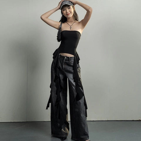 Women Tube Top Ruffle Asymmetrische Lange Streamers Strapless Slim Fit Streetwear Y2K Zwart MelkSatijn Top