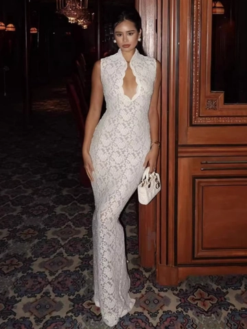 Women Elegant Lace Sleeveless High Neck Cut Out Bodycon Maxi Dress Evening Party Gown