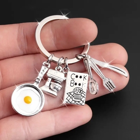 Küchenutensilien Schlüsselanhänger Zinklegierung Mini Bratpfanne Spiegelei Mixer Kochbuch Messer Gabel Löffel Koch Geschenk
