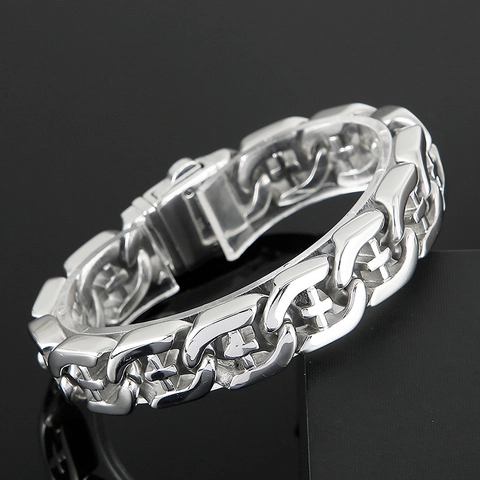 Men's Punk 316L Stainless Steel Bracelet Hollow Out Cross Pattern Thick Chain Industrial Style Retro Silver Color