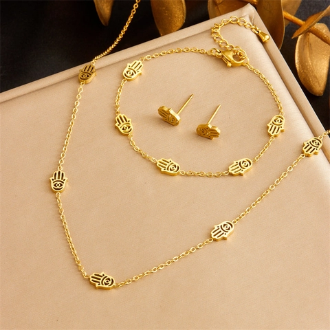 Hamsa Hand Evil Eye Necklace Earrings Bracelet Gold Plated Stainless Steel Jewelry For Women Bohemian Fashion