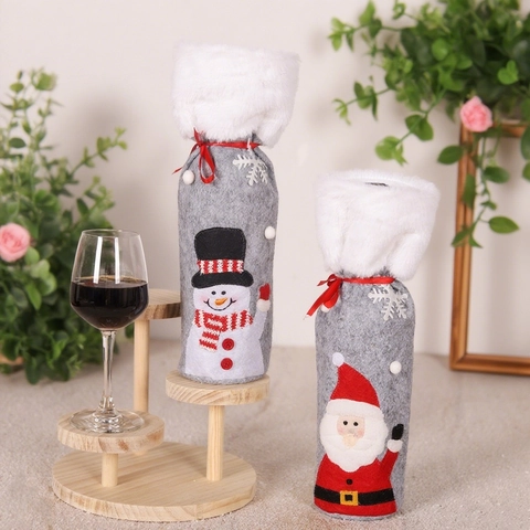 Christmas Wine Bottle Covers Felt Faux Fur Santa Snowman Reindeer Applique Holiday Dinner Table Decor Drawstring