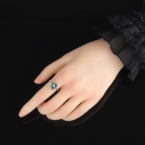 Vintage 925 Sterling Silver Teardrop Turquoise Open Ring For Women Thai Silver Distressed Flower Leaf Adjustable Finger Ring Fashion Jewelry