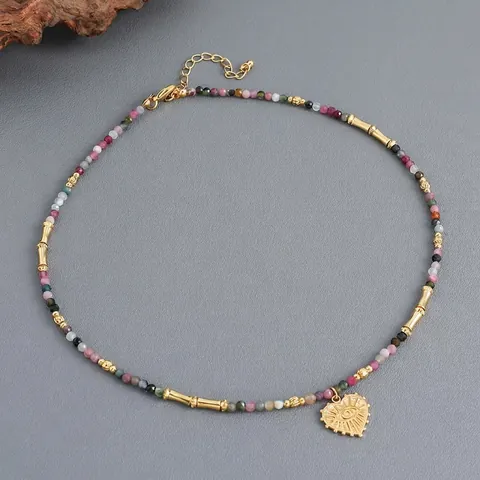 Collana Perline Vintage Pietra Tormalina Colorata Ciondolo Cuore Ottone Malocchio Gioielli Boho Per Donne