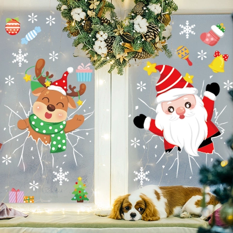 Christmas Window Clings PVC Static Stickers Santa Claus Reindeer Snowflake Removable Reusable Glass Decor Cartoon Holiday