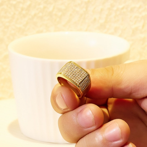 Hip Hop Men Titanium Steel Rhinestone Pave Signet Ring Gold Silver Plated Vintage Luxury Punk Geometric Square Finger Ring Jewelry