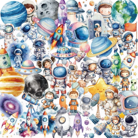 Astronaut Space Stickers Waterproof Transparent PET Cartoon Watercolor Decorative Decals For Laptop Scrapbooking Journal DIY