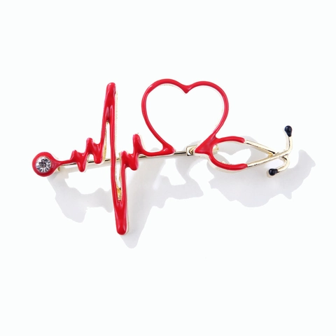 Spilla Stetoscopio Cuore ECG Pin Lega Smalto Strass Tema Medico Regalo Per Dottore Infermiera Accessorio Creativo