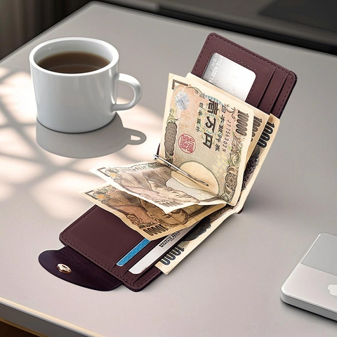 Men Bifold Wallet PU Leather Money Clip Business Style Card Holder With Snap Button And ID Window For Daily Use