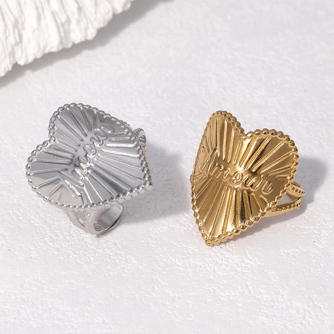 Herzform Offener Ring Edelstahl 18K Vergoldet Verstellbar Amour Buchstabe Sonnenstrahl Textur Vintage Schmuck Damen