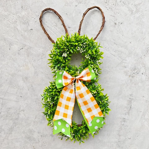 Easter Bunny Wreath Artificial Greenery Door Hanging Decoration With Twig Ears And Plaid Bow Spring Party Home Decor