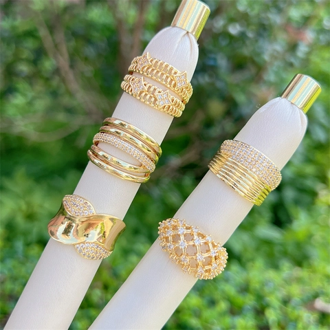 Hohle Maschen Kupfer Ring 18K Vergoldet Zirkonia Inlaid Mode Trendiger Schmuck Für Frauen