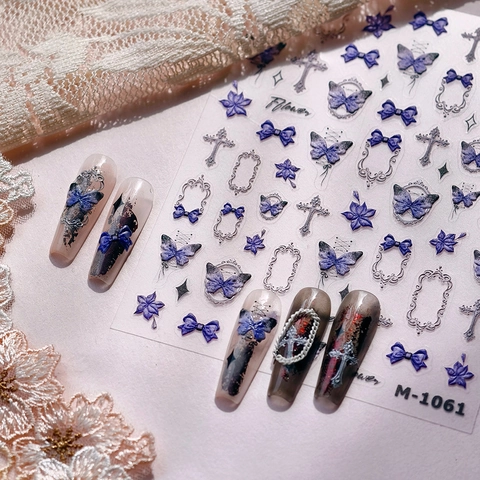 Autocollants Art Des Ongles En Relief Rétro Papillon Violet Noeud Croix Design Autocollant Décoration Manucure Gothique