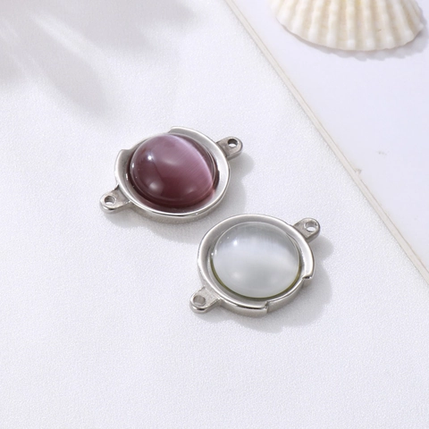 Round Cat Eye Stone Stainless Steel Jewelry Connectors DIY Necklace Bracelet Pendant Making Supplies Fashion Minimalist