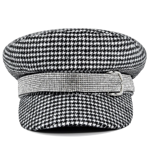 Women Fashion Newsboy Cap Cotton Navy Hat With Rhinestone Belt Buckle Houndstooth Pattern Retro Flat Top Beret Hat For Lady