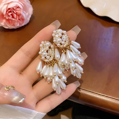 Vintage Künstliche Perlen Quasten Ohrstecker Mit Silbernem Ohrstecker Legierung Strass Elegant Luxus Hochzeit Schmuck Damen