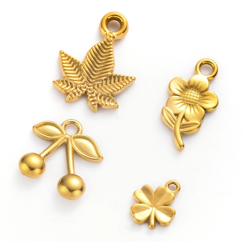 Stainless Steel Jewelry Charms Pendants Nature Plant Sunflower Cherry Maple Leaf Four Leaf Clover DIY Bracelet Crafting