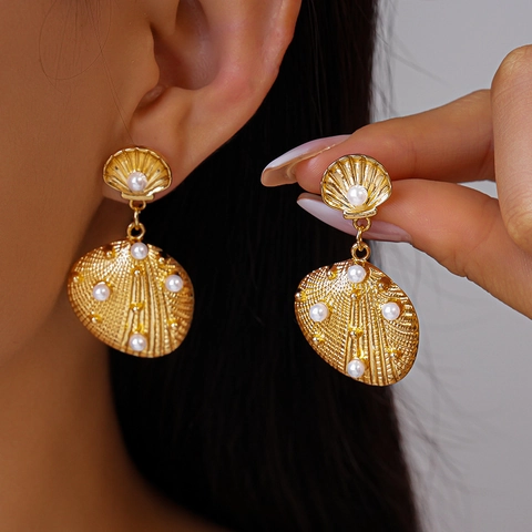 Boucles D'oreilles Pendantes En Forme De Coquillage Avec Imitation Künstliche Perle Et Tige En Argent 925 Style Vacances À La Mer